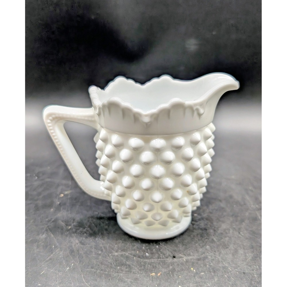 Vintage Fenton White Milk Glass Hobnail Creamer Pitcher Scalloped Rim 4.5"